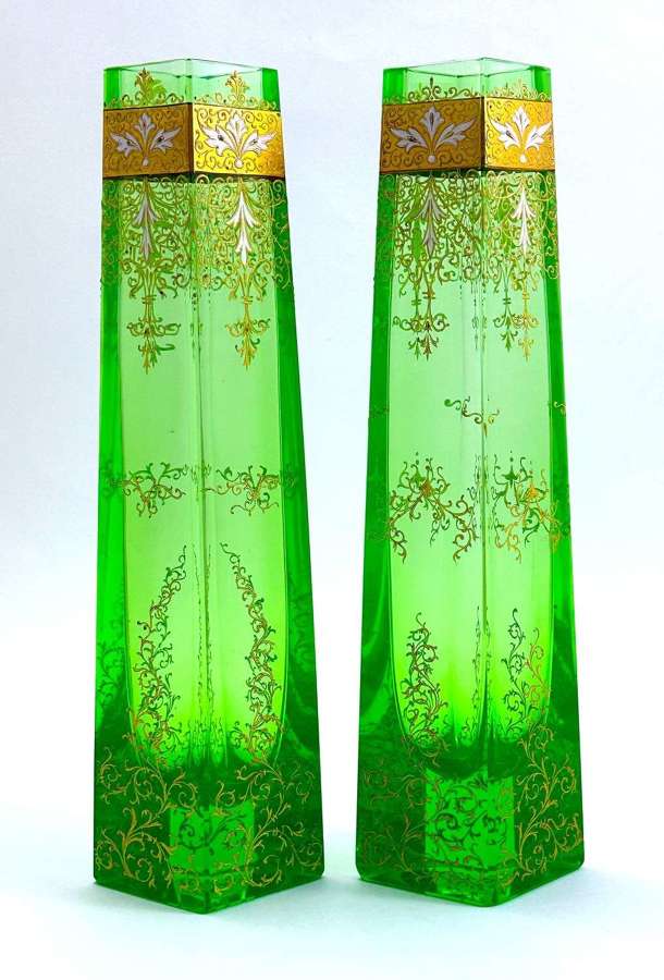 A Large Pair of High Quality Antique Moser Uranium Glass Vases