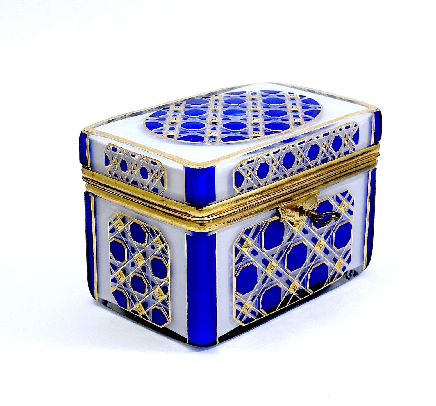 High Quality Bohemian Blue and White Overlay Glass Box with Key.