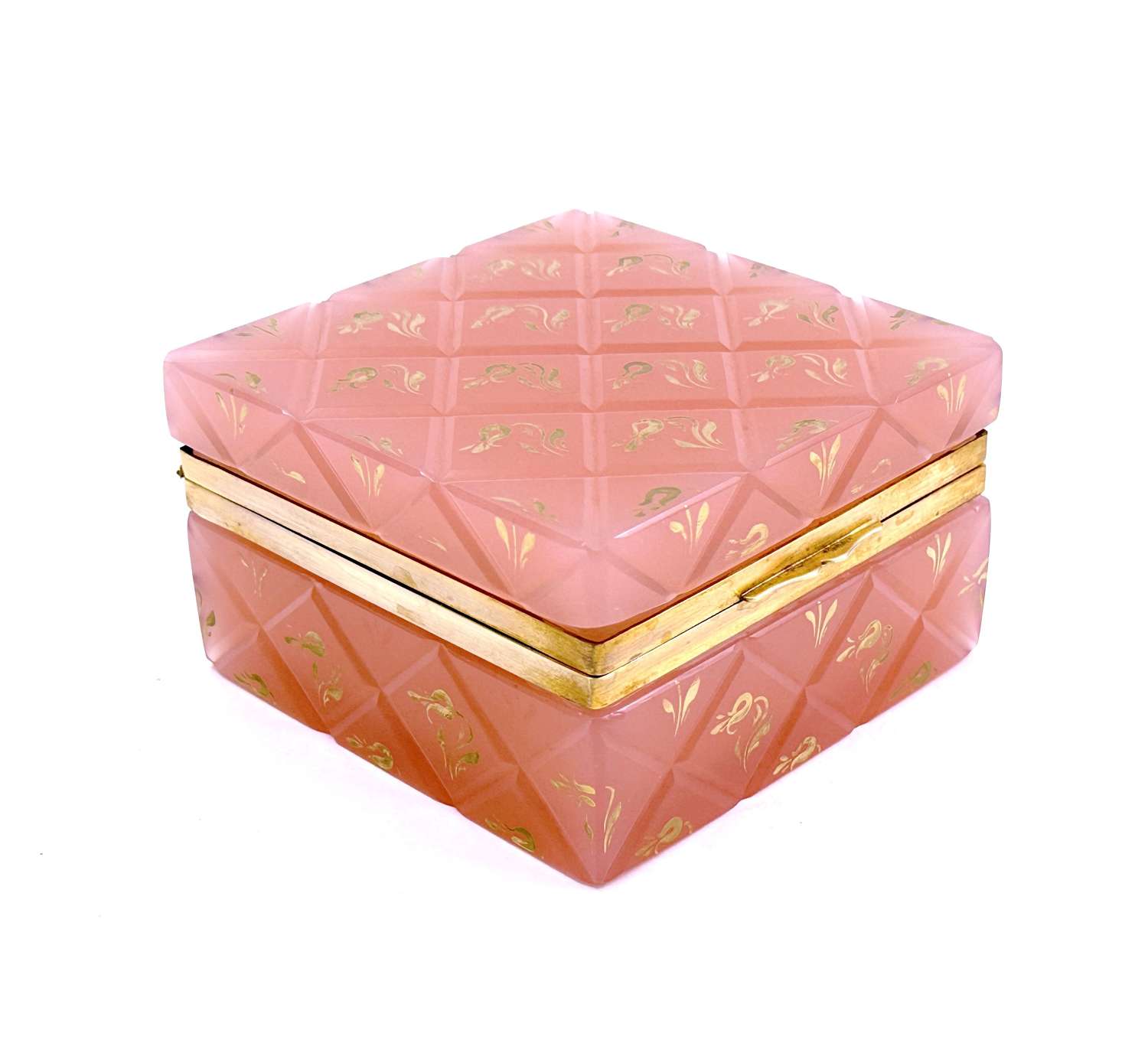 Antique Murano Pink Opaline Cut Glass Square Box with Gold Flowers