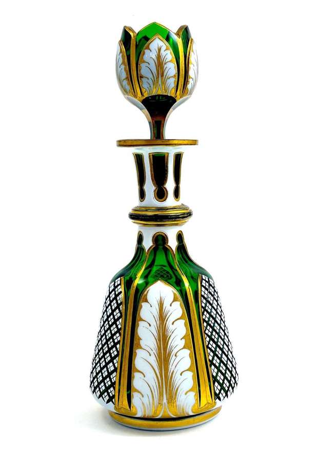 Tall Antique Bohemian Green Overlay Glass Perfume Bottle with Stopper