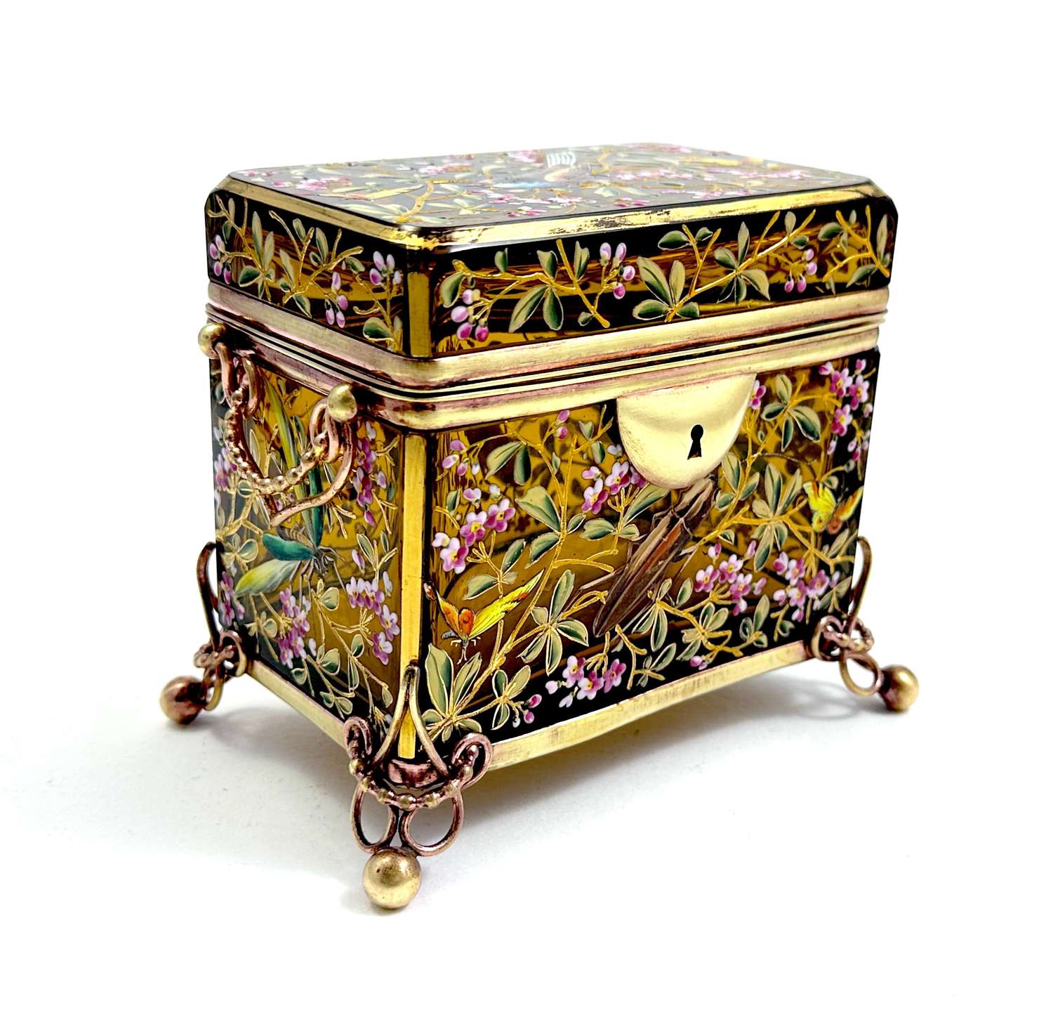 Antique Bohemian MOSER Amber Casket Box Enamelled with Birds & Flowers