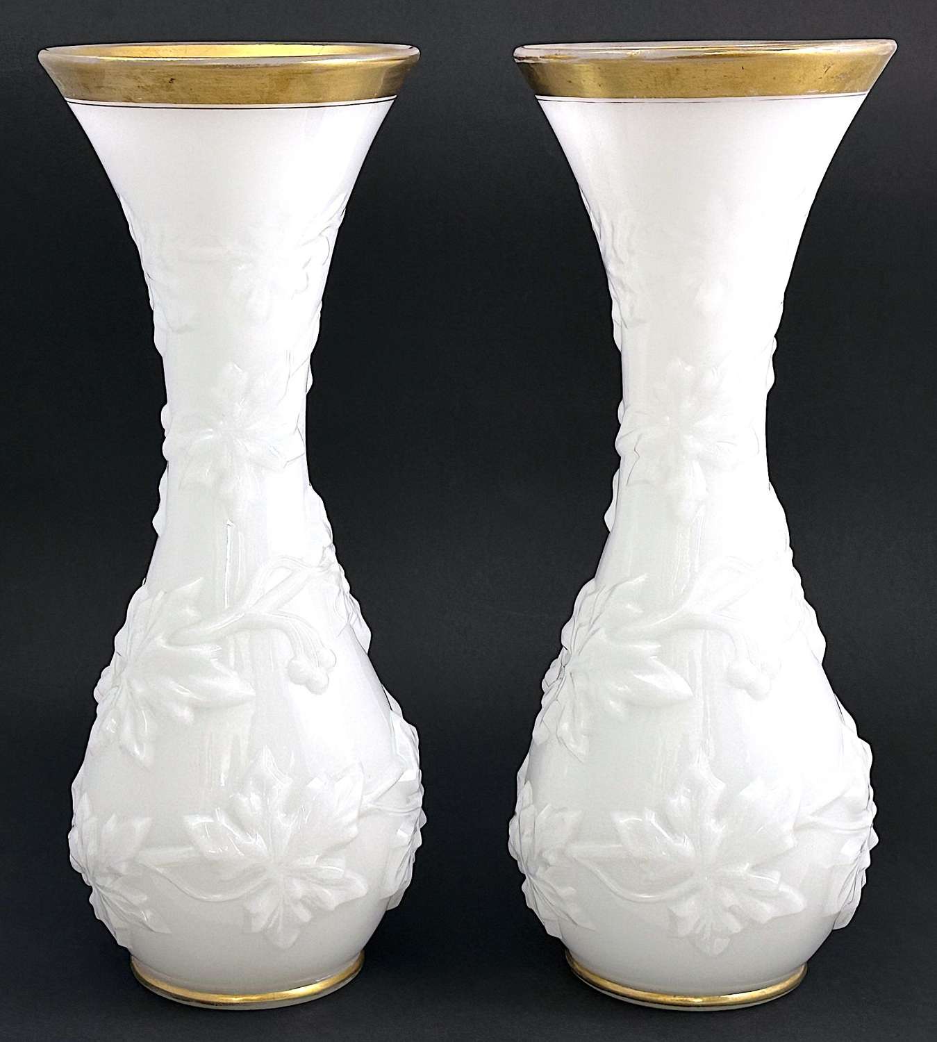 Pair of Very Large Antique BACCARAT White Opaline Glass Vases