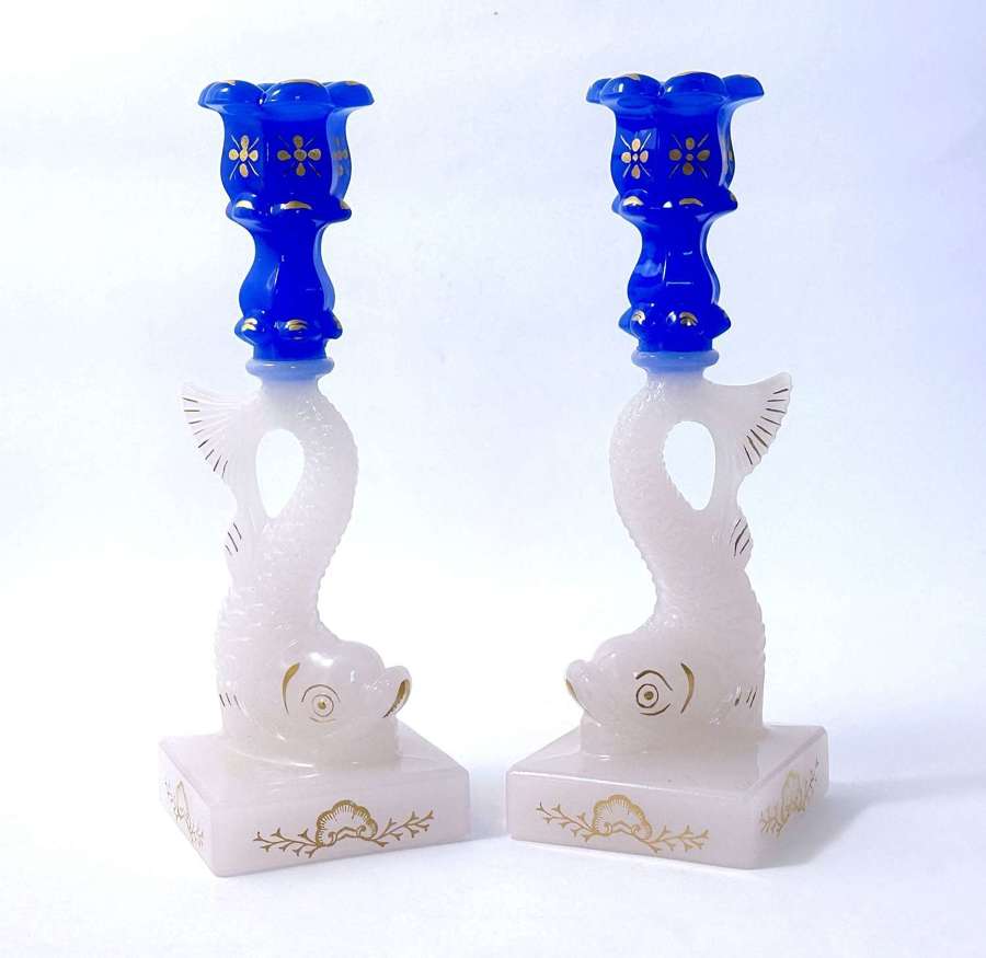A Pair of Antique Baccarat Blue and White Opaline Glass Candlesticks