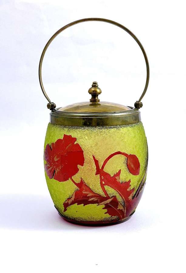 Antique BACCARAT Acid Etched Biscuit Barrel with Poppies.