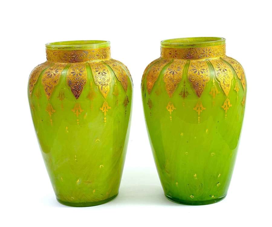 Large Pair of Antique Green Opaline Moser Vases with Gold Decoration