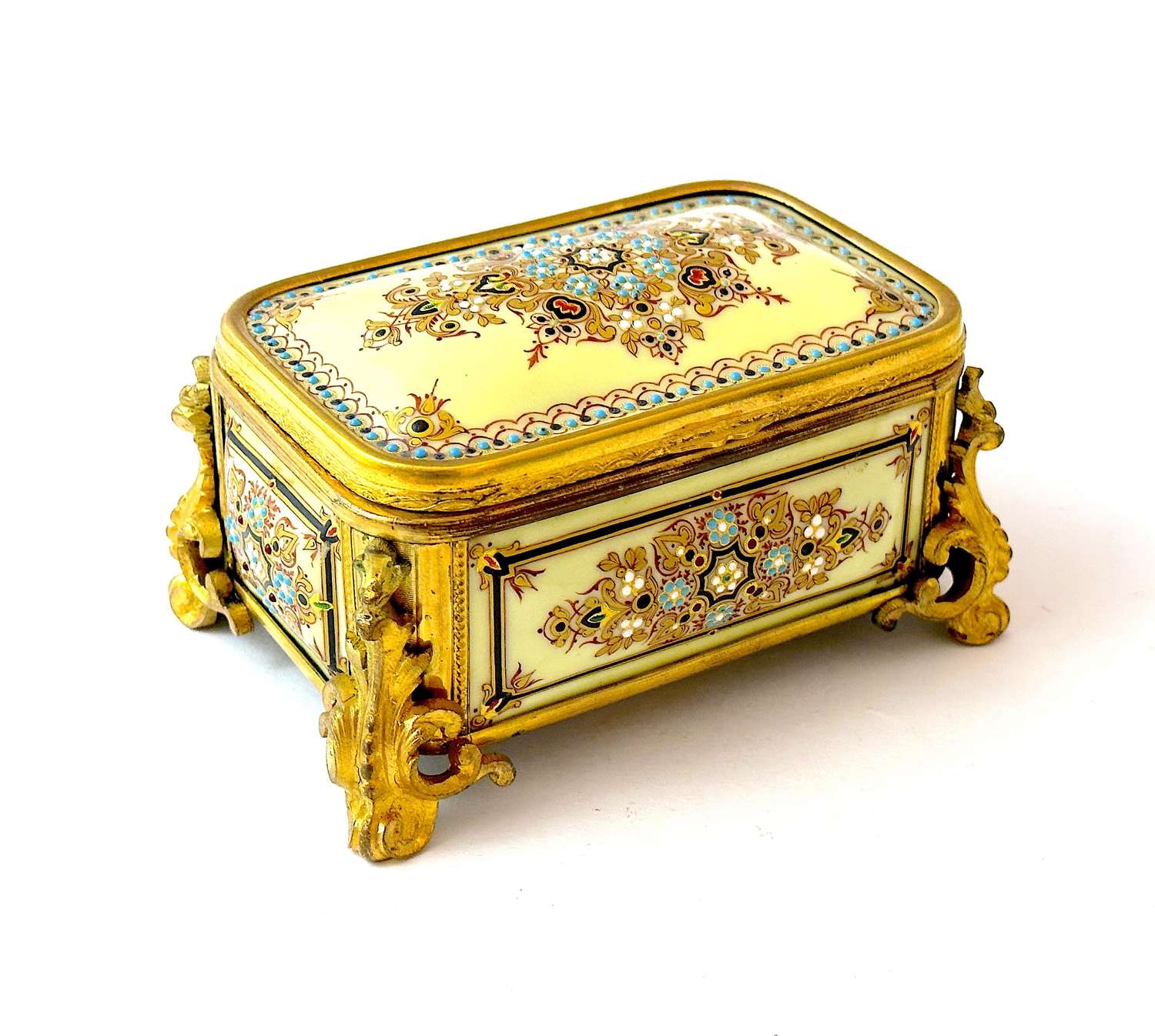 Palais Royal Antique French 'Bombe' Jewel Casket with Enamelled Panels