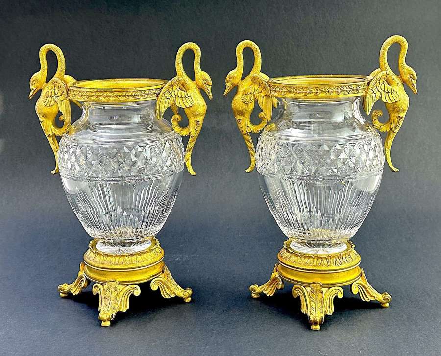 A Pair of Elegant Antique French Baccarat Cut Crystal Vases