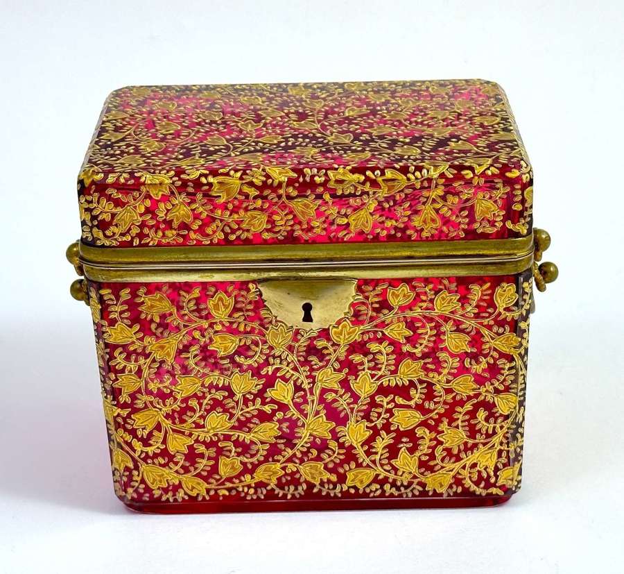 Antique MOSER Cranberry Glass Casket Box Decorated with Flowers