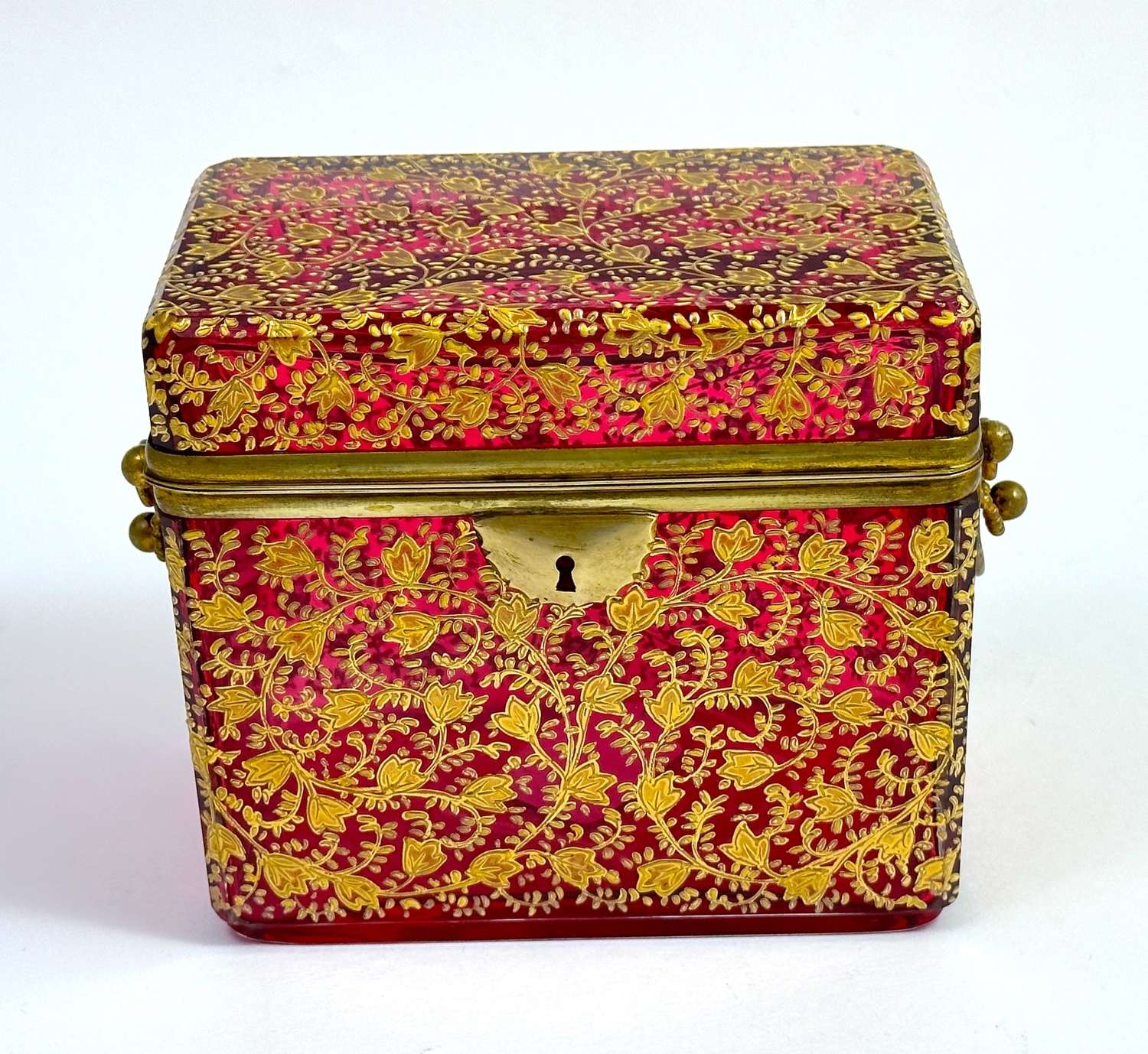 Antique MOSER Cranberry Glass Casket Box Decorated with Flowers