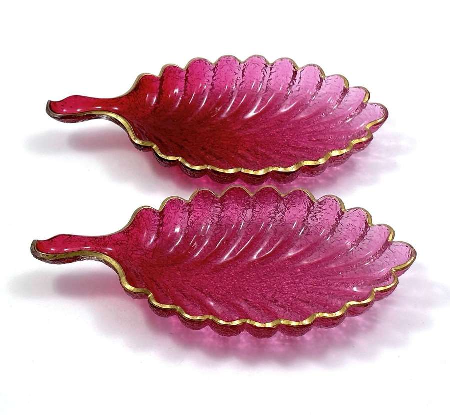 A Pair of Antique French Cranberry Glass Leaf Shaped Dishes