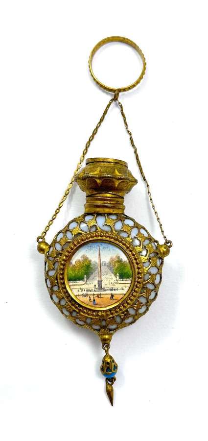 Superb Antique Palais Royal White Opaline Scent Bottle Chatelaine