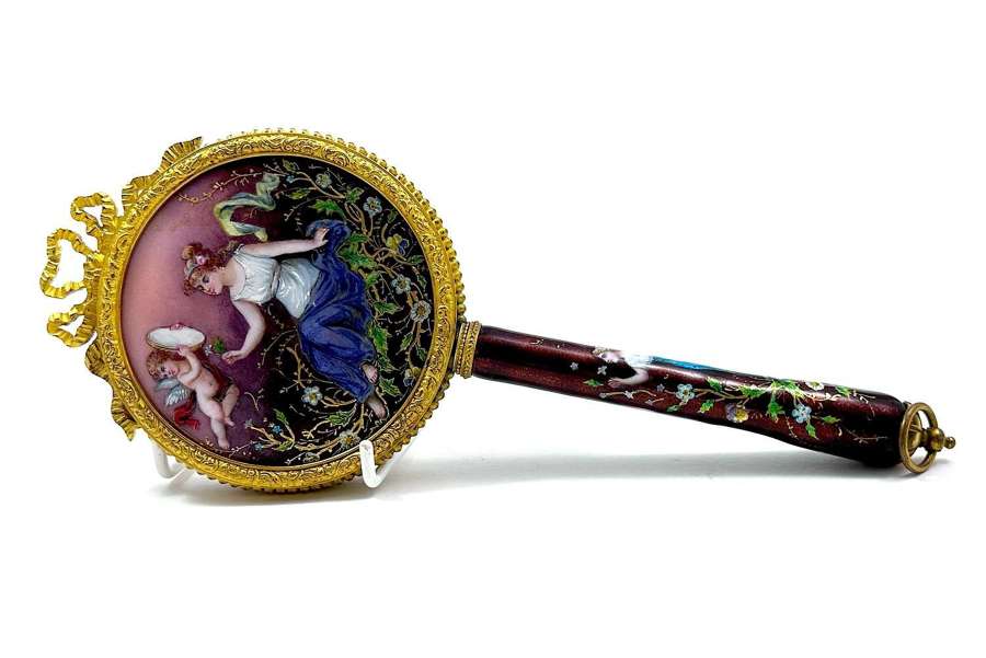 Exquisite Rare French Antique High Quality Enamelled Hand Mirror.