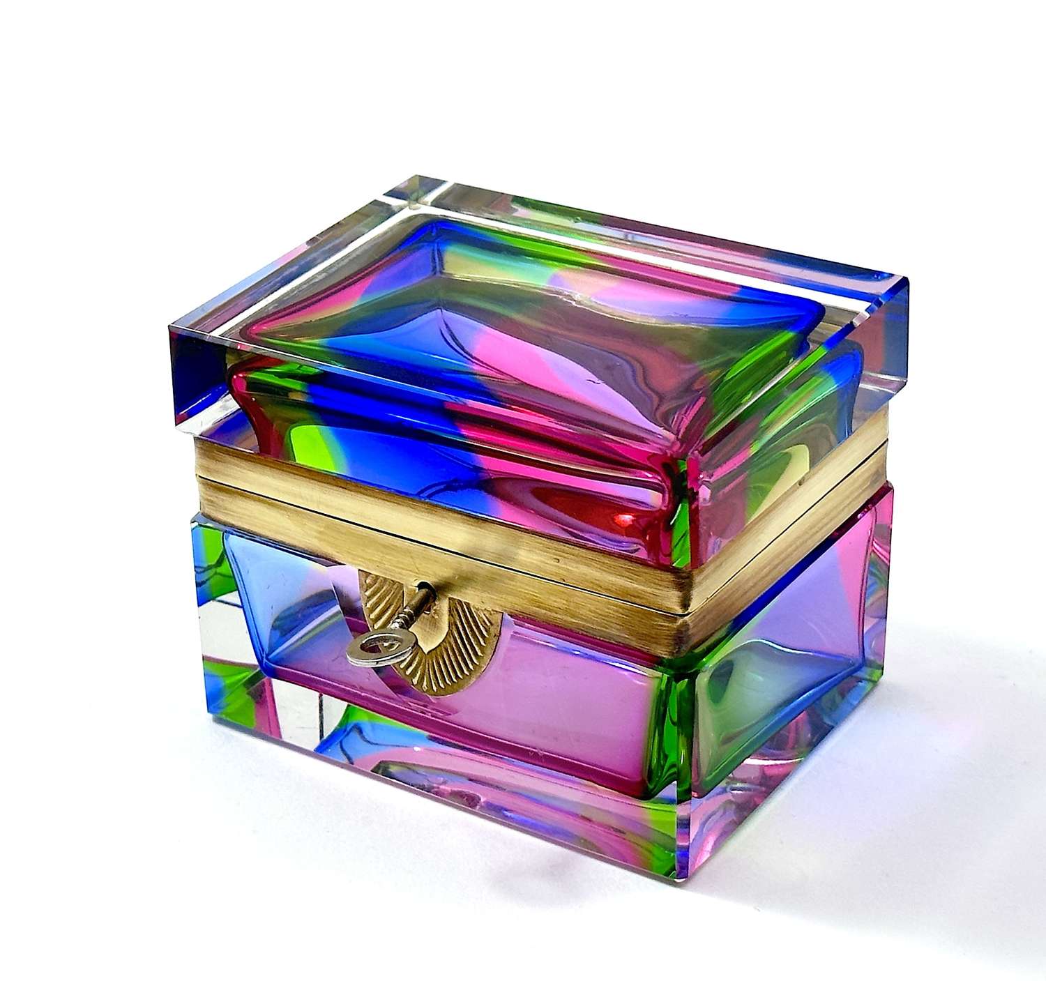Rare Vintage Italian Murano 'Rainbow' Glass Casket Box & Key