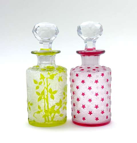 Small Antique BACCARAT Acid Etched Perfume Bottle with Pink Stars.