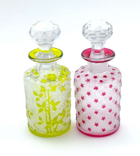 Small Antique BACCARAT Acid Etched Perfume Bottle with Pink Stars.