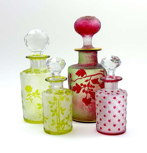 Small Antique BACCARAT Acid Etched Perfume Bottle with Pink Stars.