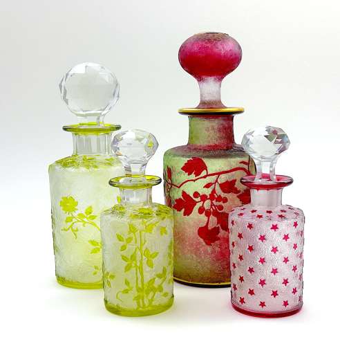 Small Antique BACCARAT Acid Etched Perfume Bottle with Pink Stars.
