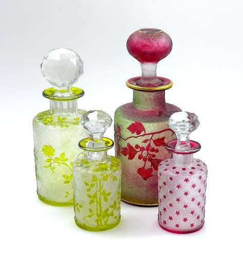 Small Antique BACCARAT Acid Etched Perfume Bottle with Pink Stars.
