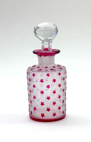 Small Antique BACCARAT Acid Etched Perfume Bottle with Pink Stars.