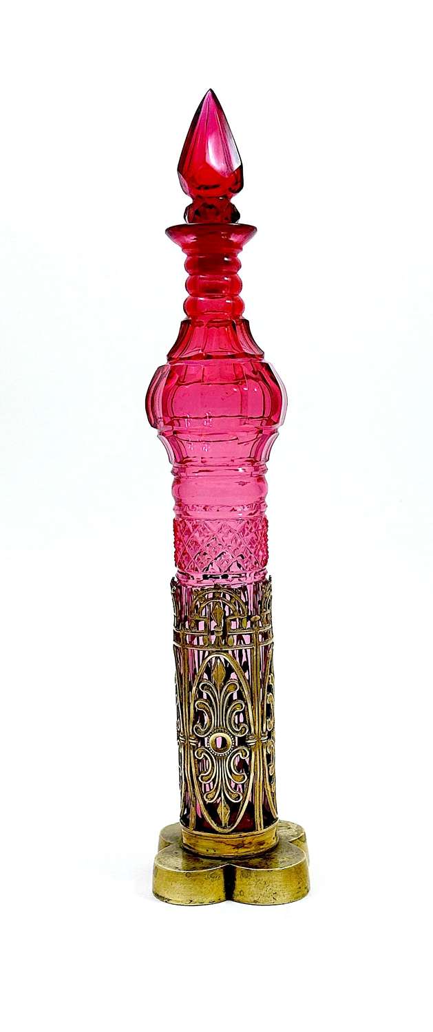 Tall Antique French Cranberry Cut Crystal Glass Perfume Bottle & Stand