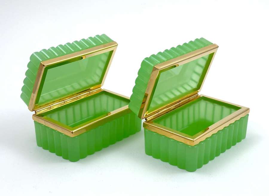 Pair of Antique Murano Green Opaline Glass Rectangular Boxes