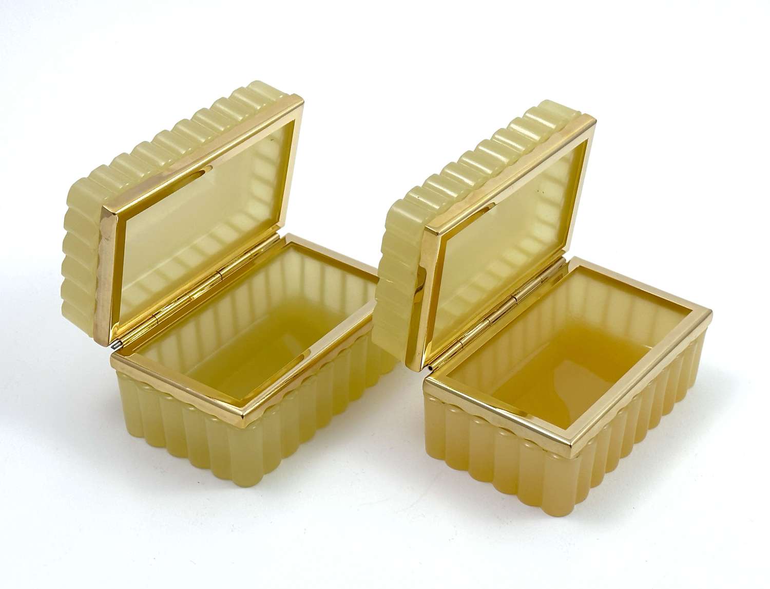 Pair of Antique Murano Apricot Opaline Glass Rectangular Boxes