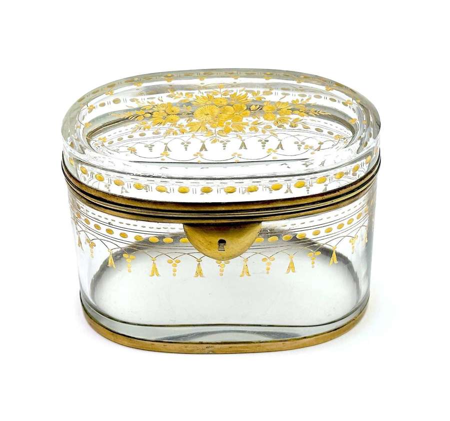 Antique French Crystal Oval Box with Gold Enamelled Flowers