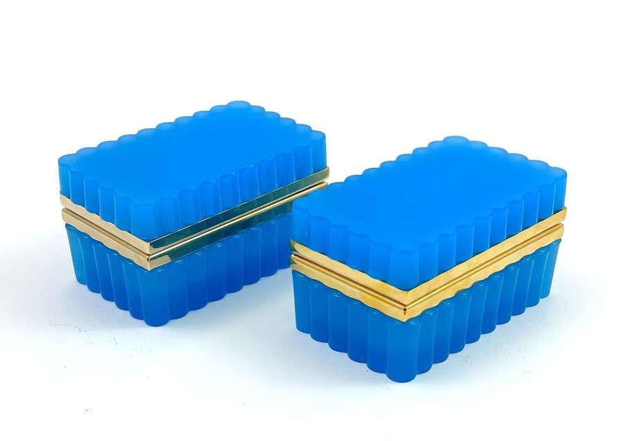 Pair of Antique Murano Blue Opaline Glass Rectangular Boxes