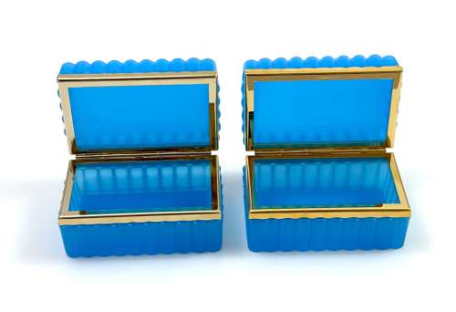 Pair of Antique Murano Blue Opaline Glass Rectangular Boxes