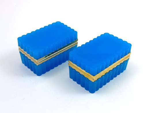 Pair of Antique Murano Blue Opaline Glass Rectangular Boxes