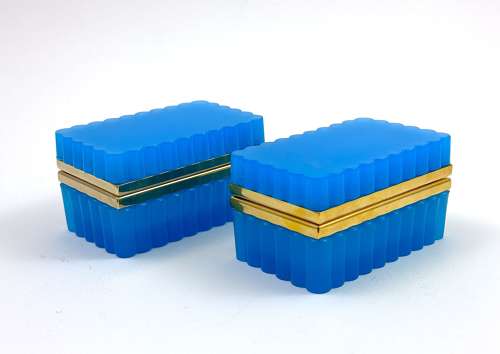 Pair of Antique Murano Blue Opaline Glass Rectangular Boxes