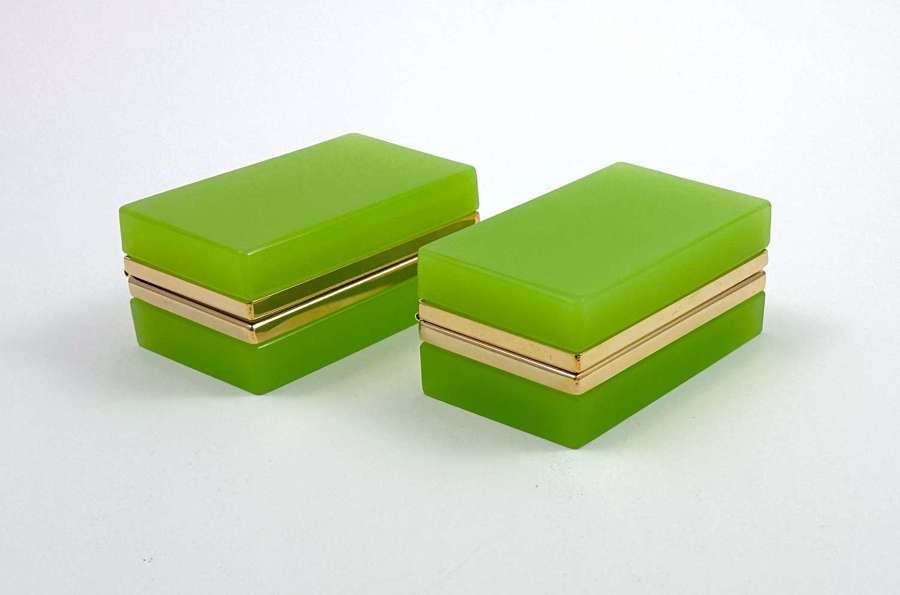 Pair of Antique Murano Key Lime Green Opaline Glass Rectangular Boxes