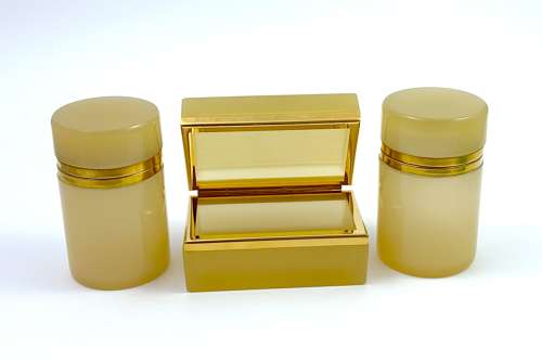 Pair of Antique Apricot Opaline Glass Cylindrical Caskets