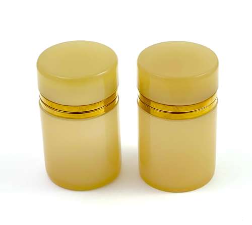 Pair of Antique Apricot Opaline Glass Cylindrical Caskets