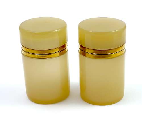 Pair of Antique Apricot Opaline Glass Cylindrical Caskets