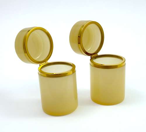 Pair of Antique Apricot Opaline Glass Cylindrical Caskets