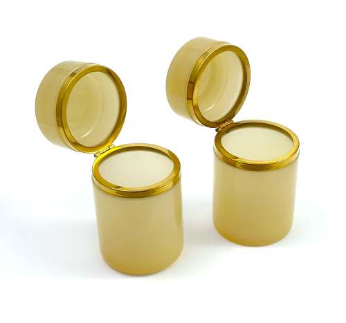 Pair of Antique Apricot Opaline Glass Cylindrical Caskets