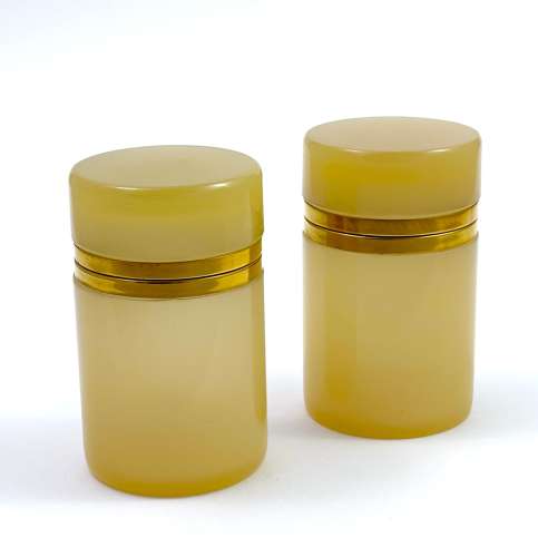 Pair of Antique Apricot Opaline Glass Cylindrical Caskets