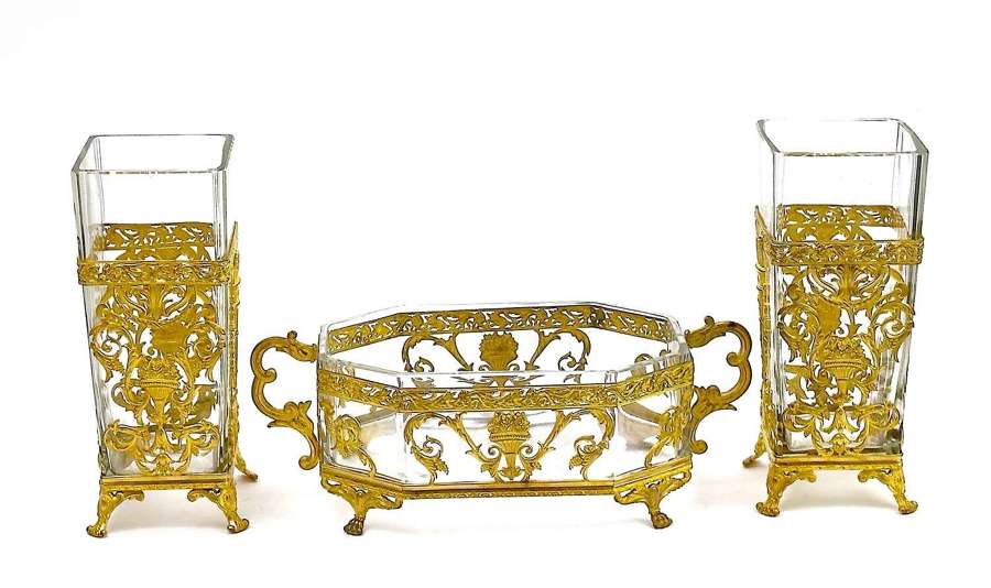 Antique French Napoleon III Cut Crystal and Dore Bronze Garniture