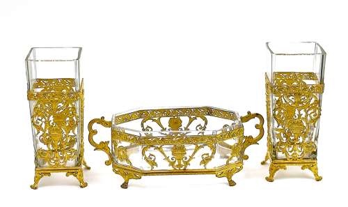 Antique French Napoleon III Cut Crystal and Dore Bronze Garniture