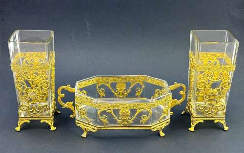 Antique French Napoleon III Cut Crystal and Dore Bronze Garniture