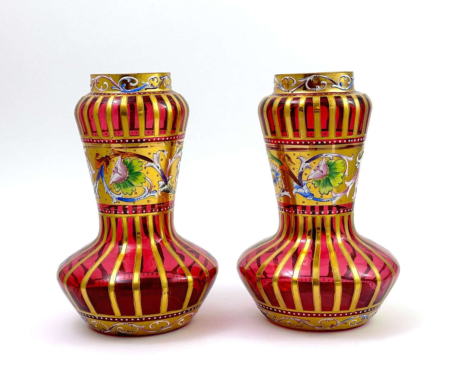 A Wonderful Pair of Antique Moser Cranberry Vases