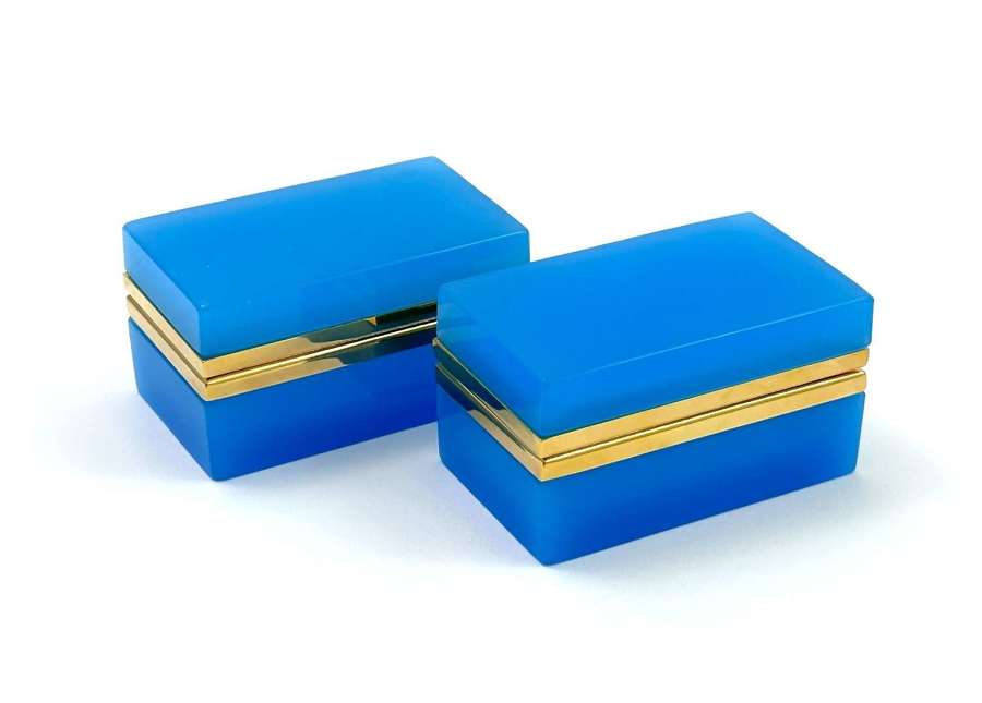 Pair of Antique Murano Blue Opaline Glass Rectangular Boxes