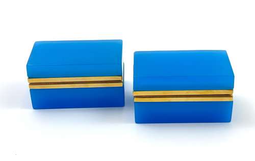 Pair of Antique Murano Blue Opaline Glass Rectangular Boxes