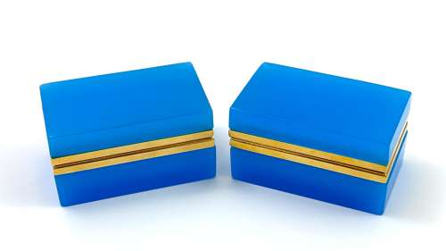 Pair of Antique Murano Blue Opaline Glass Rectangular Boxes