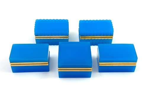 Pair of Antique Murano Blue Opaline Glass Rectangular Boxes