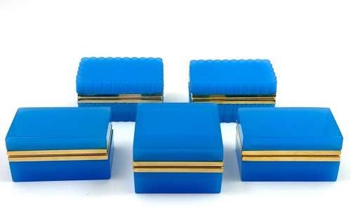Pair of Antique Murano Blue Opaline Glass Rectangular Boxes