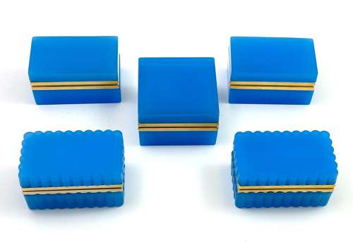Pair of Antique Murano Blue Opaline Glass Rectangular Boxes