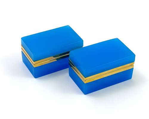 Pair of Antique Murano Blue Opaline Glass Rectangular Boxes