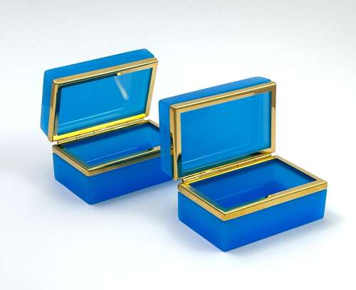 Pair of Antique Murano Blue Opaline Glass Rectangular Boxes
